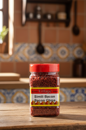 A clear plastic jar containing red-colored 'Simili Bacon Chips' with a red lid and a label that reads 'Village Spices, Simili Bacon Chips, 130g'.