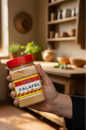 A clear plastic jar of Spice Village Spices Falafel seasoning with a red lid and a white label, containing a light brown spice blend, set against a plain white background.
