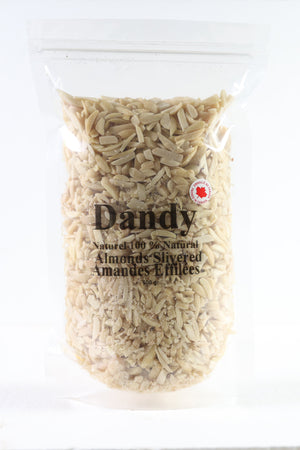 A clear plastic package containing slivered almonds, with a label displaying the brand 'Dandy' and the words 'Almonds Silvered 1kg - Product of Canada'.