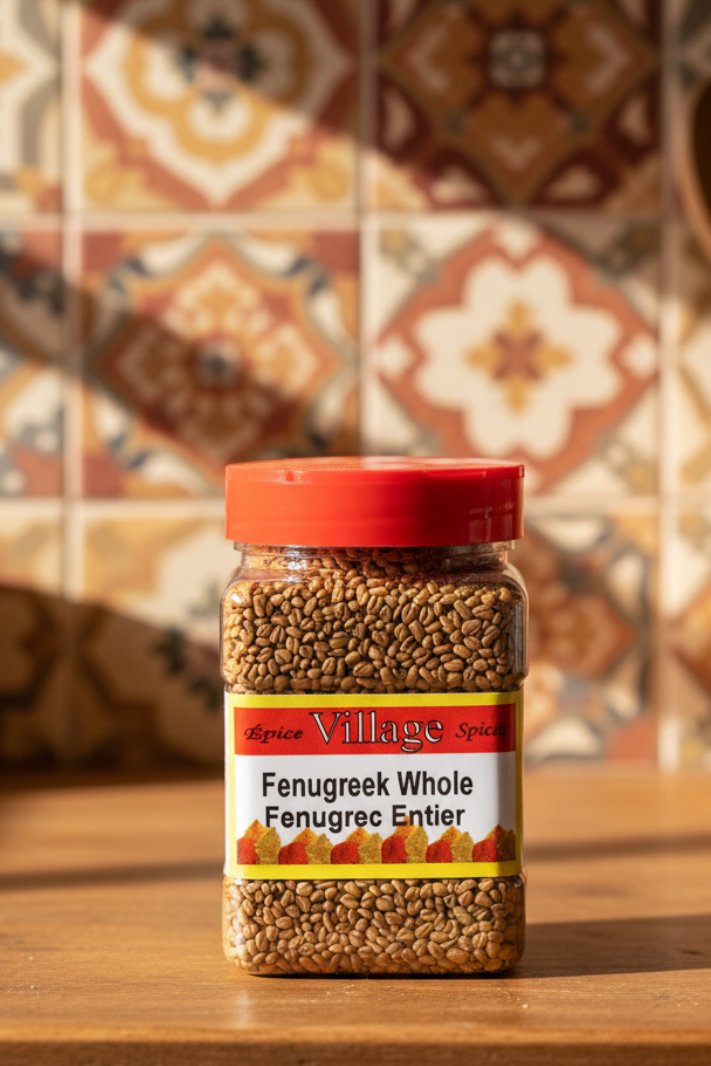 A clear plastic jar containing Fenu Greek whole seeds. The label on the jar displays the product name, weight, and indicates it as a product of Village Foods.