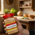 A clear plastic jar of Spice Village Spices Falafel seasoning with a red lid and a white label, containing a light brown spice blend, set against a plain white background.