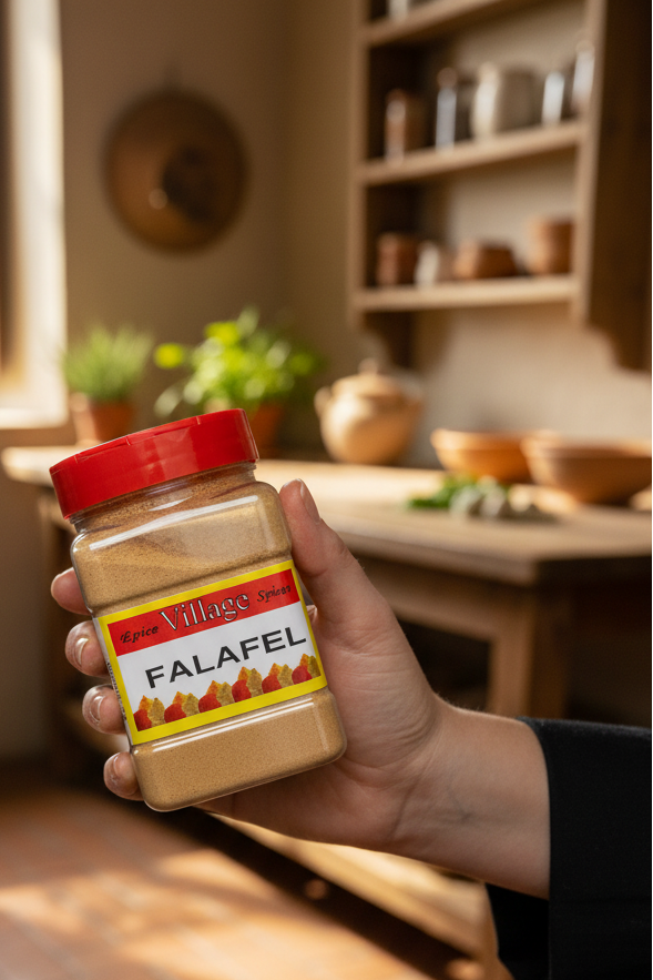 A clear plastic jar of Spice Village Spices Falafel seasoning with a red lid and a white label, containing a light brown spice blend, set against a plain white background.