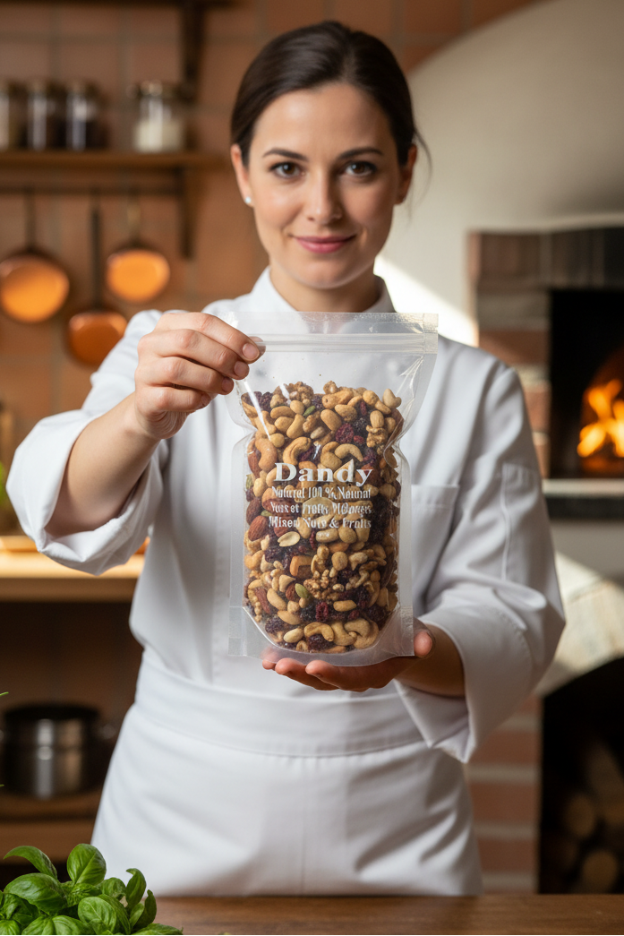 A clear plastic package of Dandy brand mixed nuts and fruits, featuring a variety of dried nuts and fruits visible through the packaging.