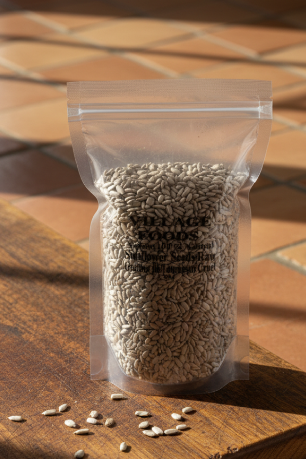 A clear plastic bag filled with raw sunflower seeds. The bag has a label that includes the brand 'Village Foods' and the product name 'Sunflower Seeds Raw.