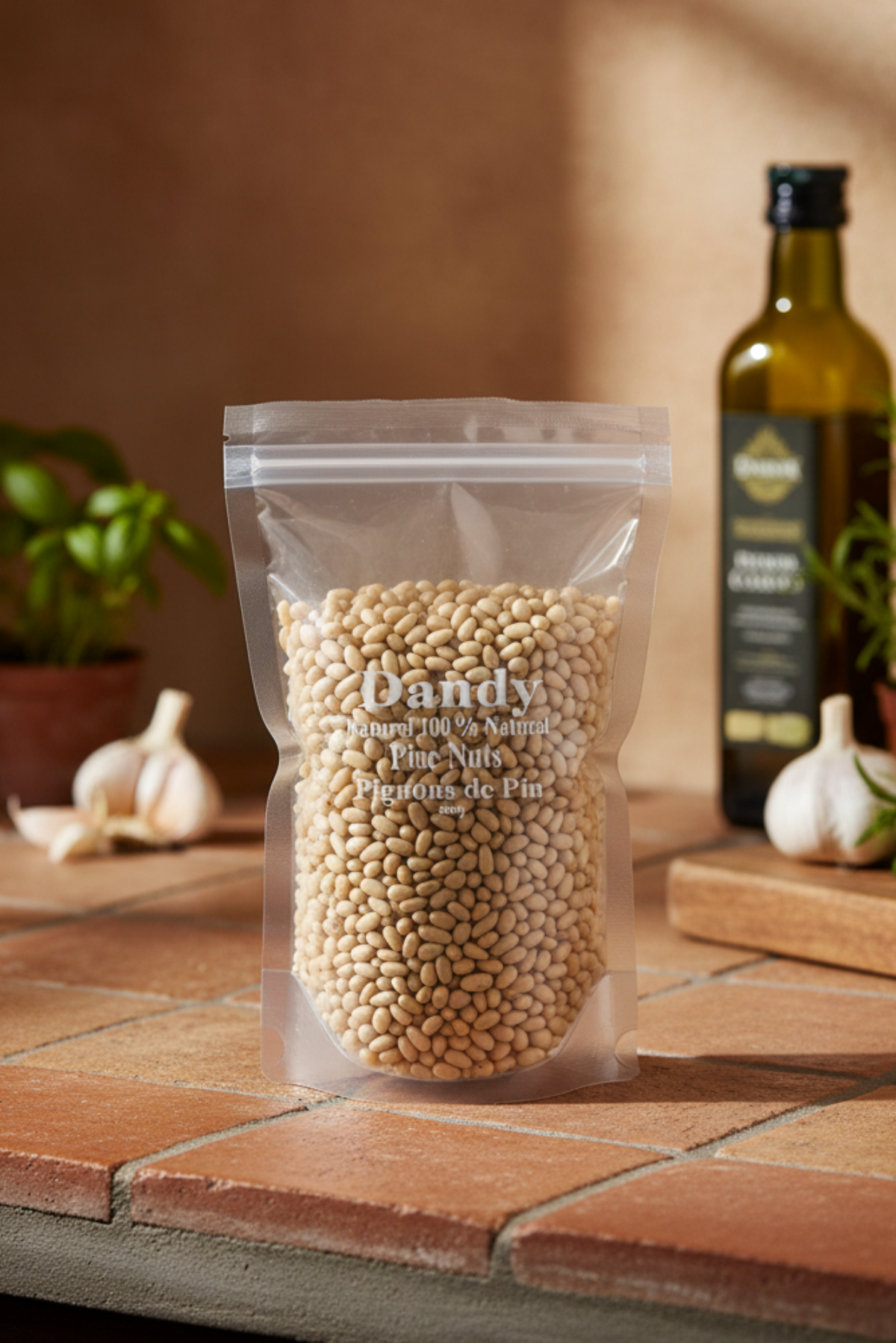 A clear plastic package of pine nuts, with the brand 'Dandy' printed on the label.