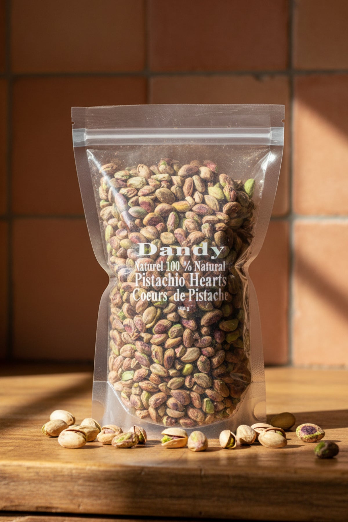 A clear plastic package of Dandy brand pistachio hearts, with the product clearly visible through the packaging.